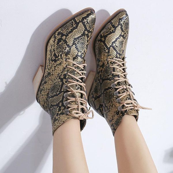 

boots autumn winter fashion western pointed toe ankle women snakeskin print trunky heels short ladies lace up party shoes, Black
