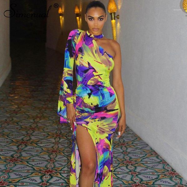 

simenual side slit printed one shoulder maxi dress women long sleeve fashion ruched bodycon dresses fashion party clubwear1, Black;gray