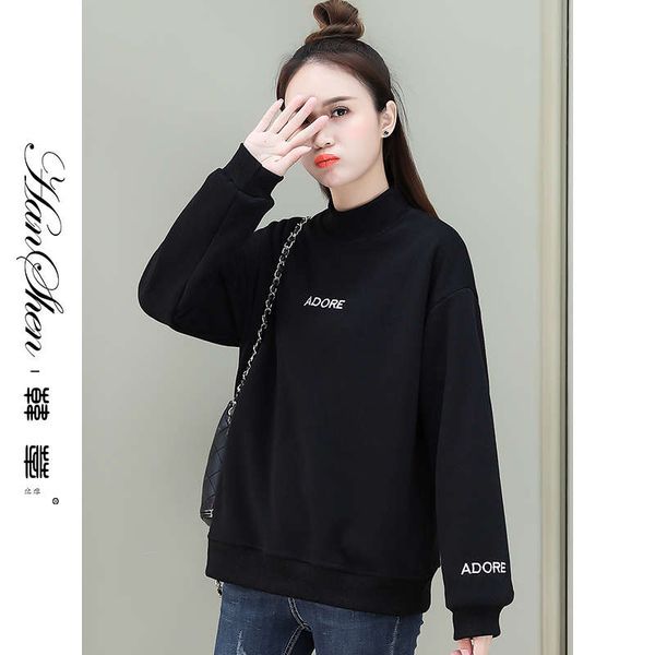 

cashmere thickened sweater women's autumn / winter 2020 new loose korean hoodless black foreign style half high collar top