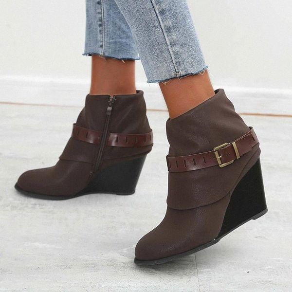 

women ankle boots chaussure high heels pumps booties plus size autumn wedges PU leather shoes woman zapatos mujer sapato #1A7o, Black
