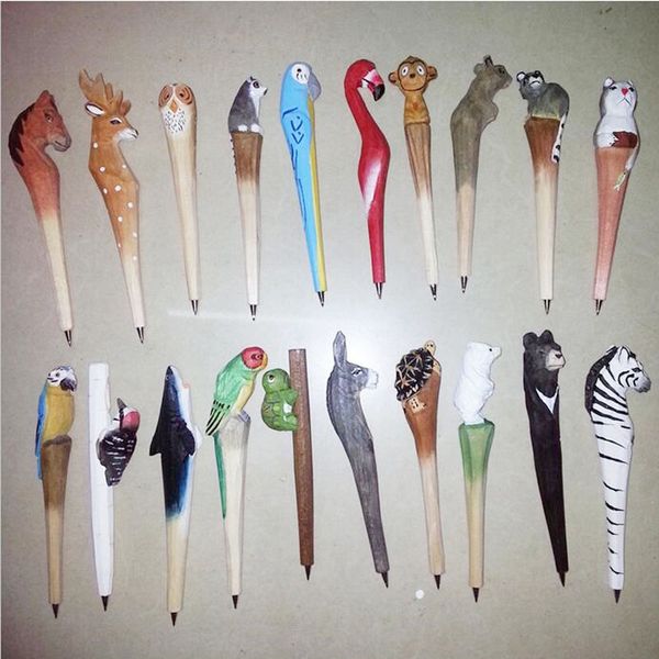 Party Favor Handmade Gel Pena Adorável Madeira Artificial Escultura Animal Caneta Creative Arts Roller Ball Pens Child Party Souvenirs