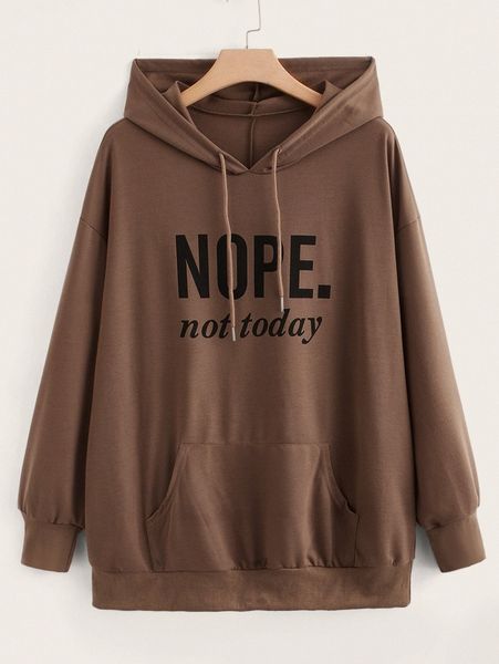 

plus slogan graphic kangaroo pocket drop shoulder drawstring hoodie e6w0#, Black