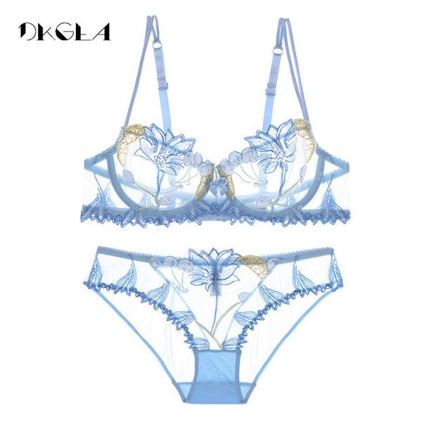 

2021 fashion flowers embroidery lingerie set lace blue transparent underwear set women hollow out see through bra pink 210122, Red;black