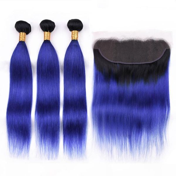 

straight indian virgin human hair dark blue ombre weaves with frontal #1b blue dark root ombre 13x4 lace frontal closure with 3bundles, Black;brown