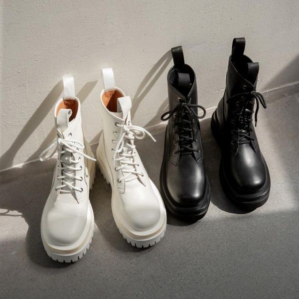 

boots 2021 winter shoes women's ankle genuine leather platform round toe lace up cozy femme, Black