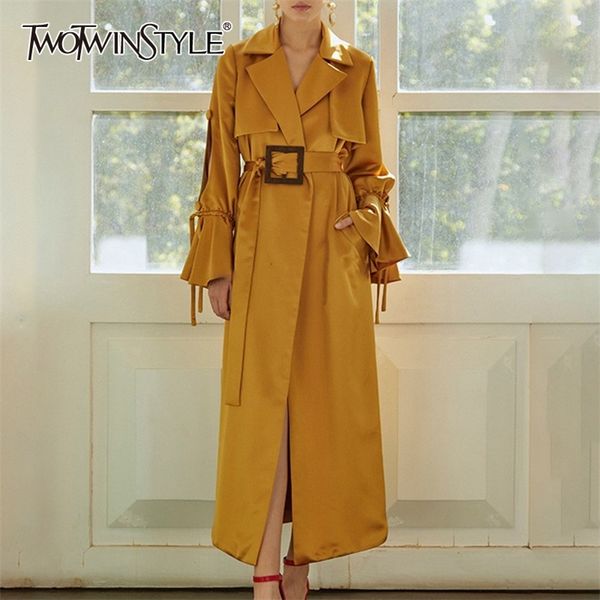 

twotwinstyle hollow out women's windbreaker lapel collar flare sleeve high waist with sashes trench coat female autumn new 201031, Tan;black