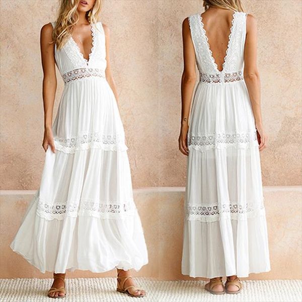 

women deep v neck elegant white lace dresses backless hollow out summer long maxi dresses female clothing, Black;gray