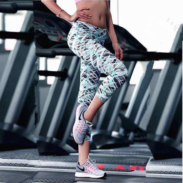 

2020 printed women's sports fitness elastic leggings stretched gym athletic quick dry yoga nine minutes of pants ing, White;red