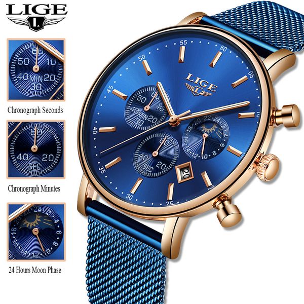 Lige mulheres moda azul relógio de quartzo senhora malha relógio de relógio de alta qualidade casual relógio de pulso impermeável mulheres relógio reloj mujer 201114
