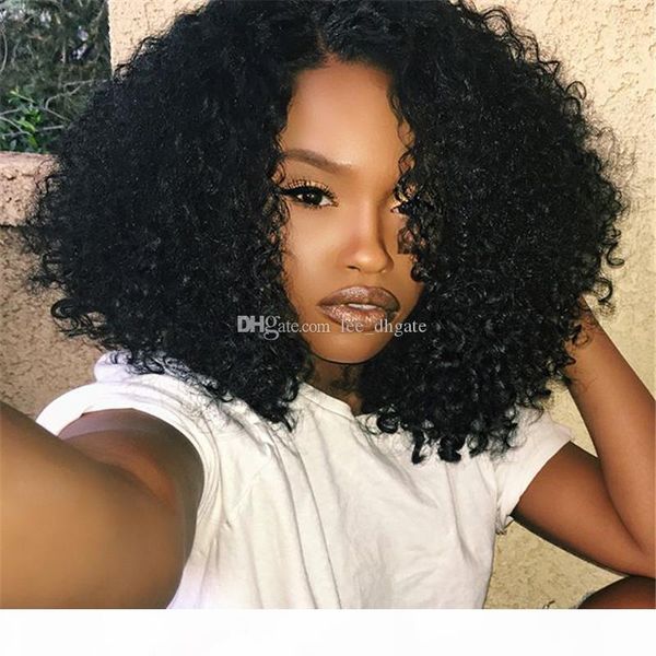 

short curly lace front human hair wigs with bangs brazilian curly virgin hair glueless full lace human hair wig for black women, Black;brown