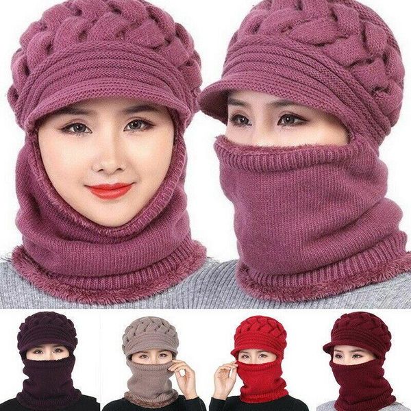 

beanie/skull caps women winter thermal beanie knit super warm thick fleece skull hat scarf neck warmer peaked outdoor skiing cap, Blue;gray