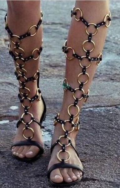 

gladiator classic summer women's metal decoration sandalya sandals circles alleys cut open finger knee high boots w72m, Black