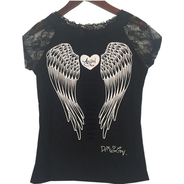 

t shirt women explosion models hollow back angel wings lace collar short-sleeved t-shirt women's clothing vestidos lbd8797, White