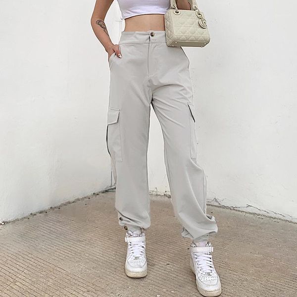 

nclagen women casual pants fashionable solid color loose high waist button foot binding overalls cargo pants omighty trousers1, Black;white