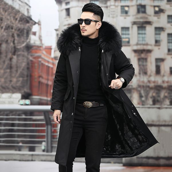 

real mink fur coats mens winter jackets hoodie raccoon fur collar thick warm overcoat snow clothes outerwear plus size 3xl 4xl, Black