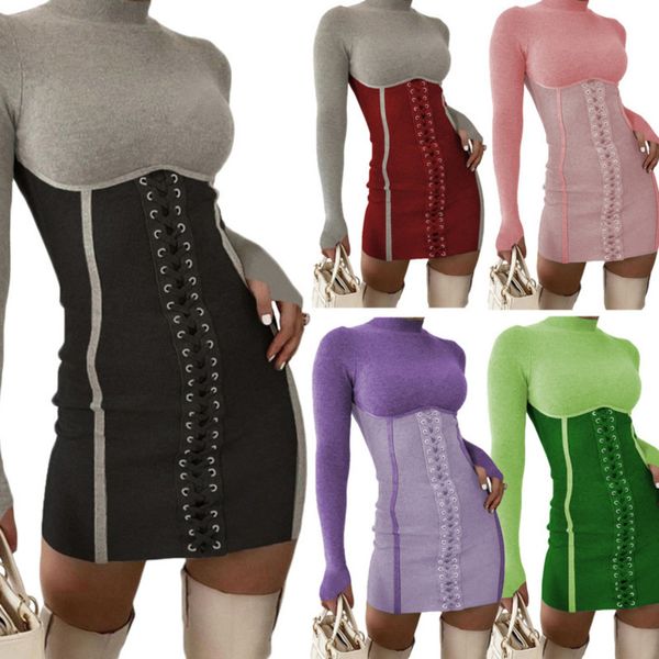 

women sweater dress knitted bandage stitching fashion slim one step bodycon skirt autumn winter collar is2r, Gray