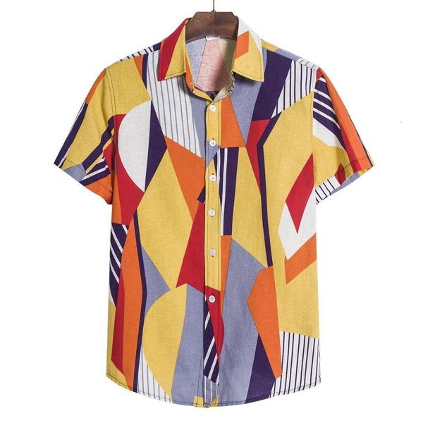 

summer large size men's casual fashion color matching printed short-sleeved lapel shirt british style light comfortable blouse, White;black
