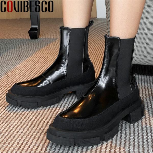 

boots covibesco concise genuine leather elastic band ladies 2021 autumn winter chunky heels pumps est party basic shoes woman, Black