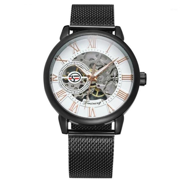

men stainless steel mechanical watch classic skeleton mesh steel strap hand-wind watch fashion business sports1, Slivery;brown