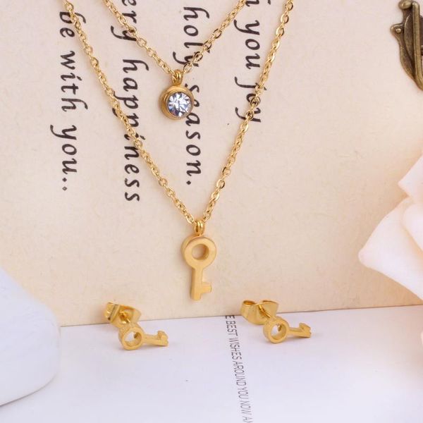 

luxukisskids key pendant stainless steel necklace earring crystal wedding bridal gold jewelry set for women girls jewellery set, Silver