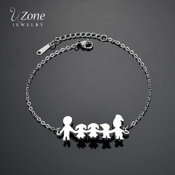 

uzone simple stainless steel family bracelet mama dad girl boy daughter son hand in hand chain bracelet bangle jewelry for women, Black