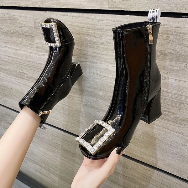 

luxury strass buckle ankle patent leather square heels woman mujer boots, Black