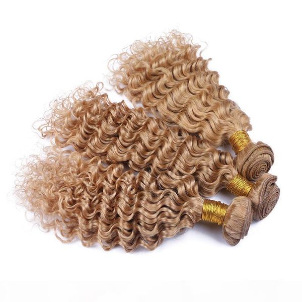 

9a virgin peruvian honey blonde human hair weave bundles 3pcs #27 light brown human hair deep wave bundle deals deep wavy double wefts, Black;brown