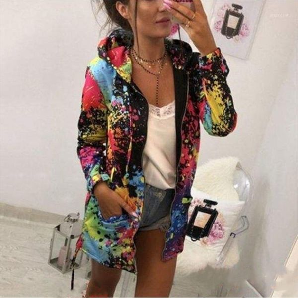 

autumn long jacket women fashion colorful printed hooded windbreaker jacket casual zipper pockets outerwear overcoat plus size1, Black;brown