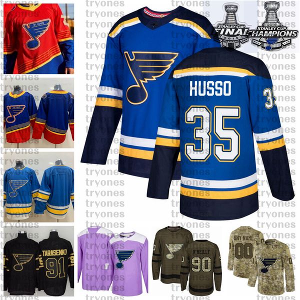 

2021 reverse retro customize 35 ville husso st. louis blues champions hockey jersey golden edition camo veterans day fights cancer jersey, Black;red