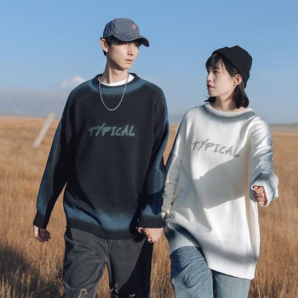 

2021 winter korean fashion men sweater couple warm o-neck long sleeves gradational pattern print pullovers men clothes, White;black