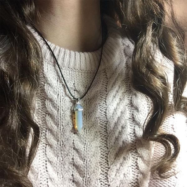 

vienkim hexagonal column necklaces natural crystal pendants stone pendant leather chains necklace for women fashion jew sqccpc, Golden;silver