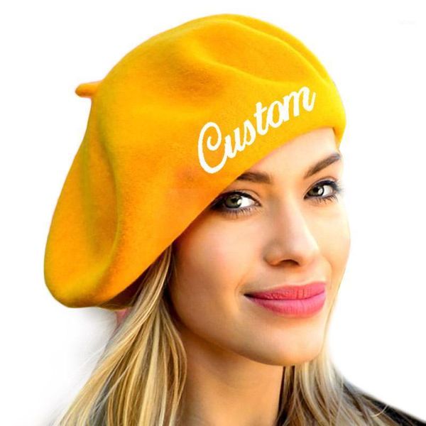 

custom personalized embroidery beret hat text name logo women winter hat warm wool vintage beaine solid color lady girl caps1, Blue;gray