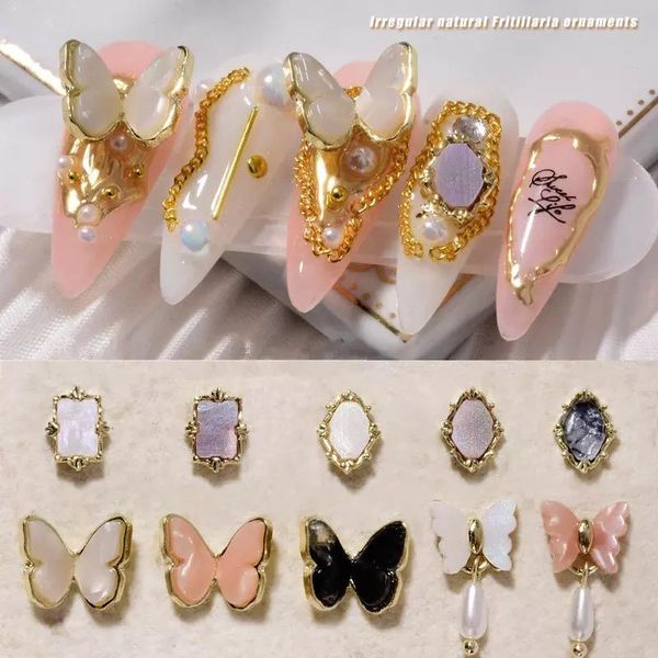 

nail art decorations 2pcs alloy jewelry pendant butterfly diamonds metal edge irregular gems shell stone manicure designs, Silver;gold