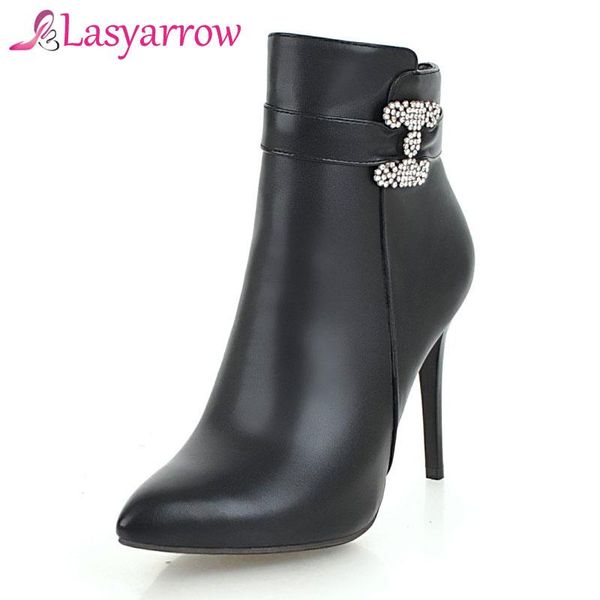 

boots lasyarrow high heels pointed toe woman shoes stilettos zipper botas mujer rhinestone sapatos femininas f746, Black