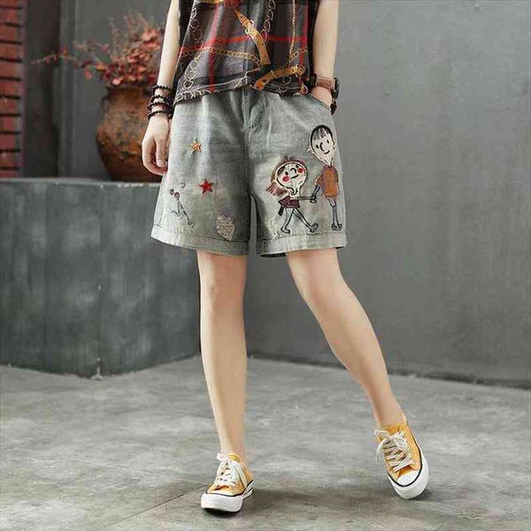 

women summer kawaii denim shorts korea style vintage elastic waist cartoon printed embroidery wide leg office lady plus size 4xl, White;black
