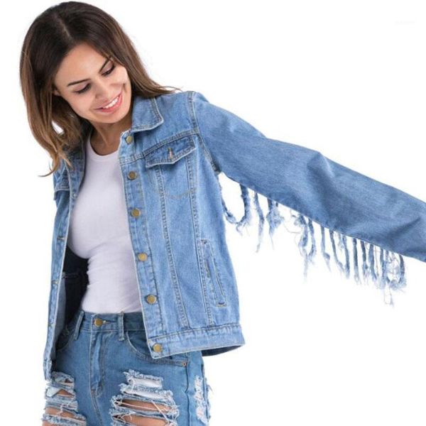 

female new spring autumn jeans women large size 5xl back tassel hole fashion denim jacket loose street cotton manteau femme d101, Black;brown