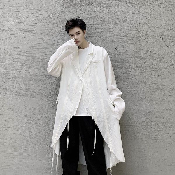 

men's casual shirts male japan street cardigan long style shirt coat men adjustable drawstring sleeve stage clothes, White;black