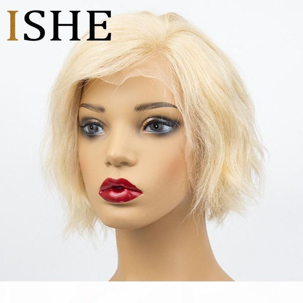

honey blonde 613 water wave lace front human hair wig short bob hd transparent lace front wigs preplucked no remy for women ishe, Black