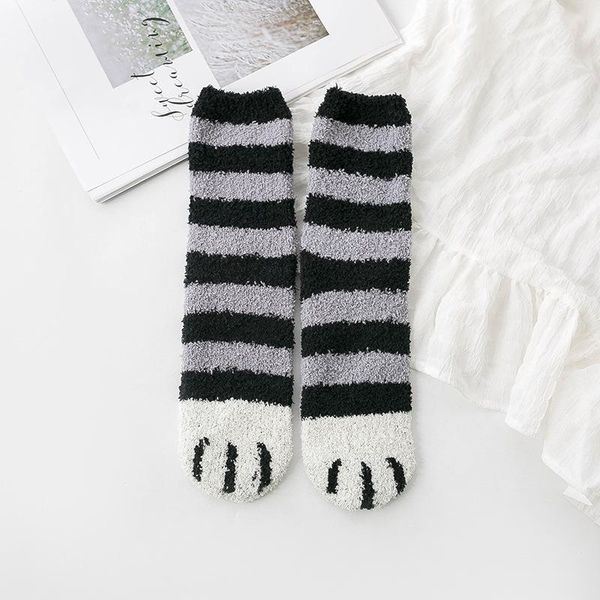 

winter kawaii thick striped cartoon women fuzzy fluffy terry warm cute socks 3d ear embroidery cat claw coral fleece animal sock wmtvrf, Black