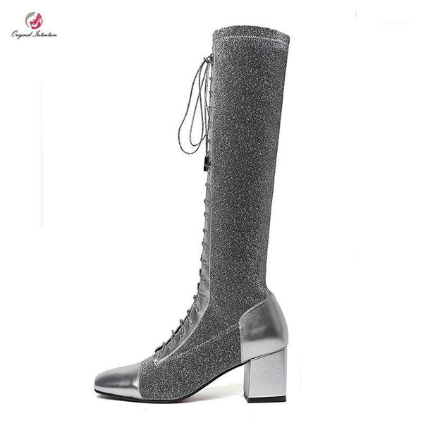 

boots original intention fashion knee high woman square toe heels lace-up metal silver shoes dress party1, Black