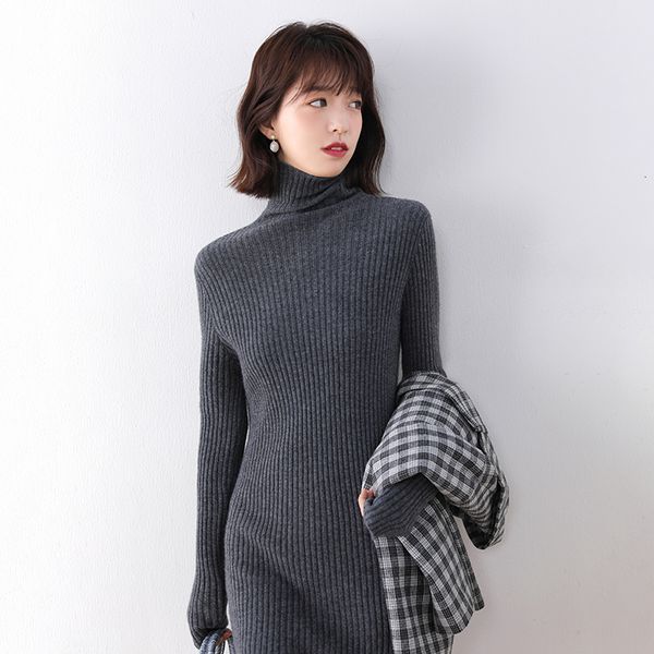 

2021 longer women 100% pure wool knitted es winter new fashion striped turtleneck sweater cgav, Black;gray