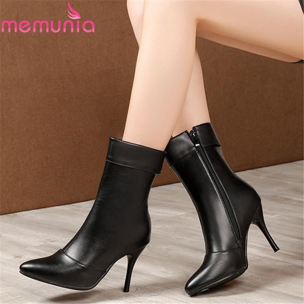 

boots memunia 2021 big size 46 women ankle zipper pointed toe autumn winter short classic thin high heel party shoes woman, Black