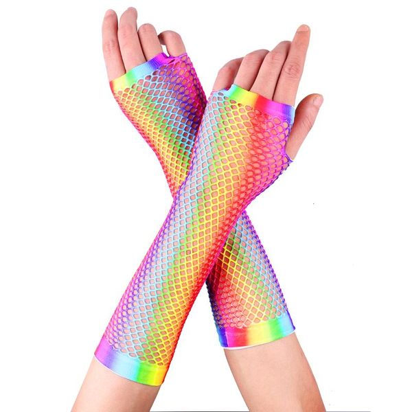 

five fingers gloves fishnet fingerless long arm cuff warmer party fancy dress womens rainbow mesh mermaid cosplay accessories, Blue;gray
