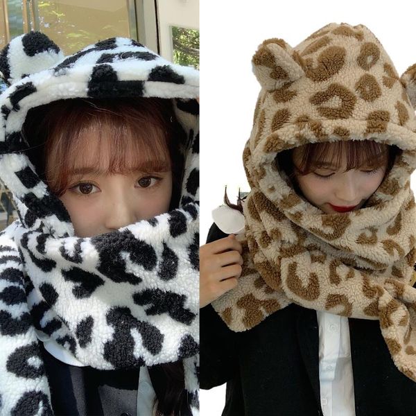 

women winter thick warm fuzzy plush long scarf hooded hat cute bear ears milk cow print earflap cap thermal neck warmer, Blue;gray