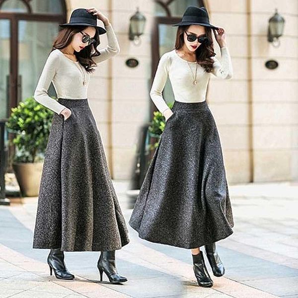 

elegant women autumn winter thicken warm skirt fashion solid pockets empire slim casual mid-calf a-line skirts1, Black