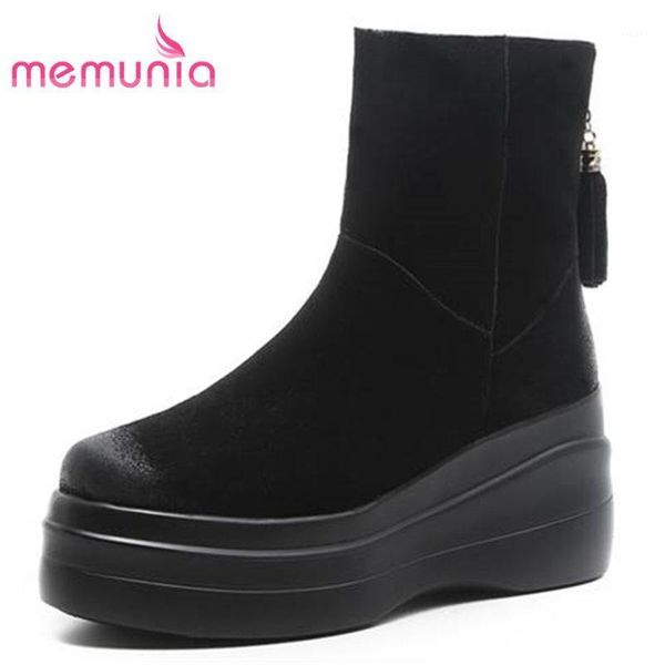 

boots memunia 2021 fashion round toe wedges ankle for women platform cow suede leather snow zipper winter1, Black