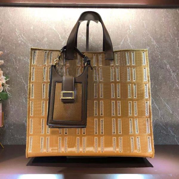 

2ps women handbag large tote bag f letter canvas cut out embroidery with mini mobile phone bag detachable wide shoulder strap 38cm