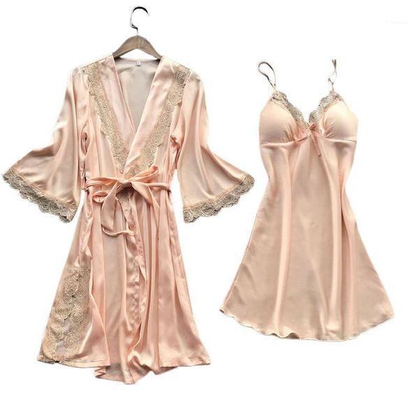 

womens imitation silk kimono robe nightdress 2pcs sleepwear set solid color floral lace patchwork pajama camisole nightgown1, Black;red