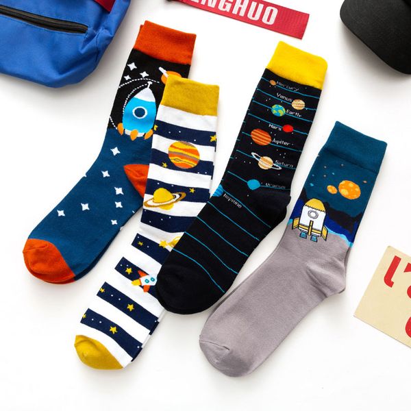 

mens socks european and american style cartoon jacquard breathable high sock fashion men trendy stockings size 11 colors, Black