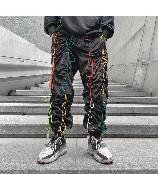 

boy's cool chic yuppie rainbow strings hanging hip hop skate trousers black